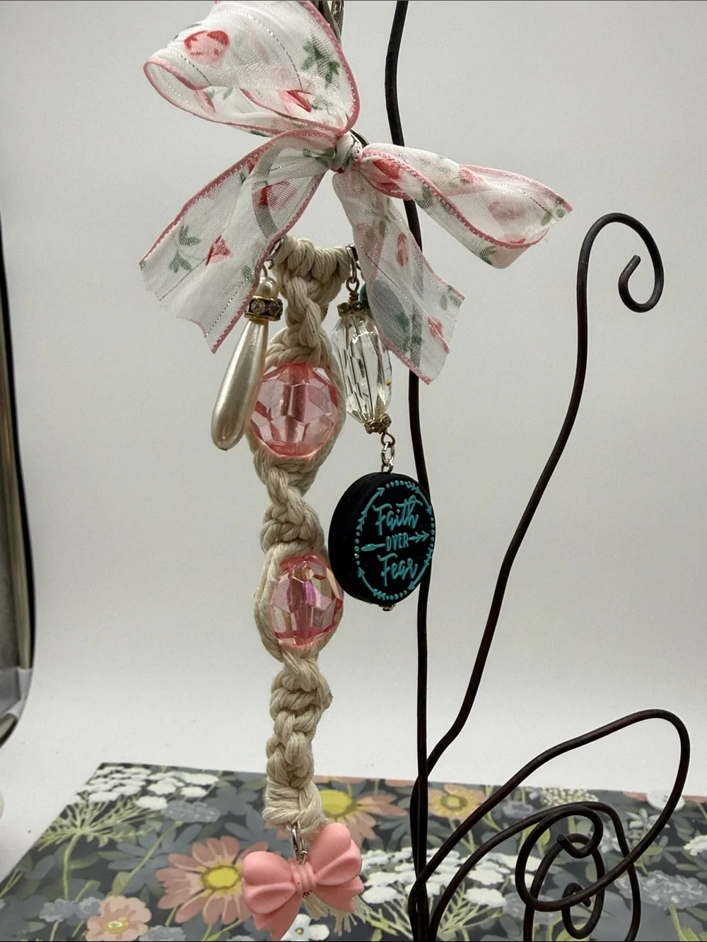 👑Adorned Crown Jewelry purse bag charm keychain Faith over Fear macrame bow